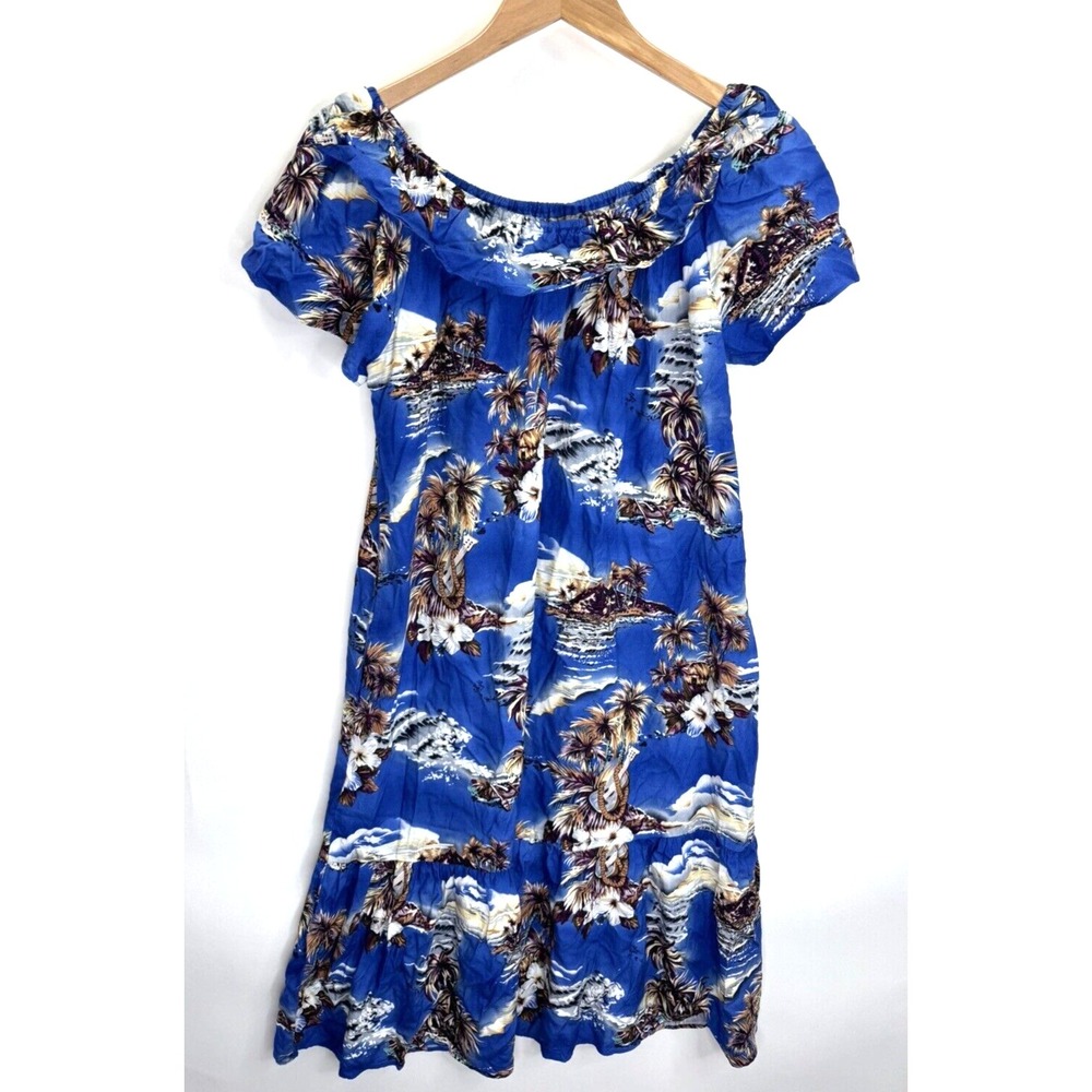 Hilo Hattie Women's Hawaiian Blue Off Shoulder Rayon Dress Size Medium